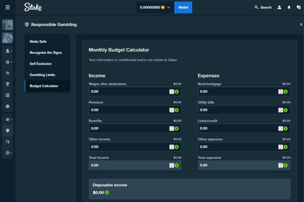 Stake helps players plan their budget by providing a budget calculator