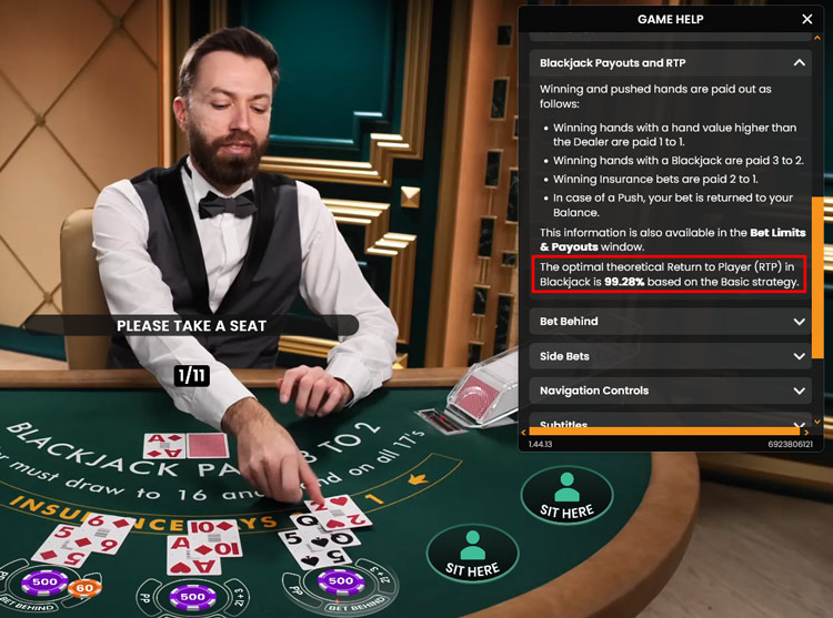 The RTP is the counterpart of the house edge and considered essential for players. That's why you'll find that info at online casinos in each game instruction. (Screenshot: Live blackjack by Pragmatic Play)