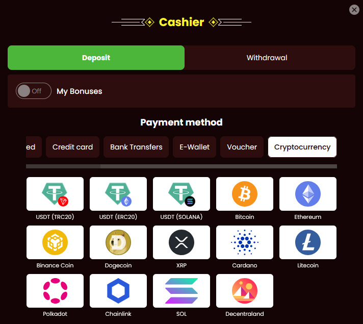 Crypto banking options at Dragonslots