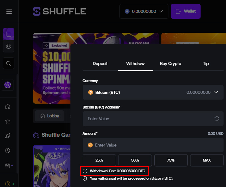 Withdrawal fees at Shuffle casino