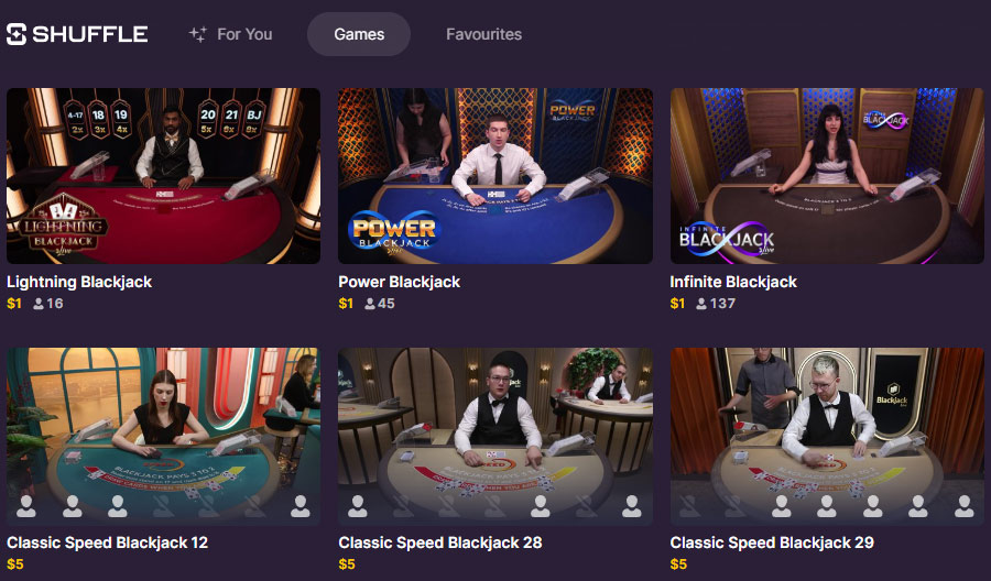 Evolution Gaming lobby at Shuffle casino