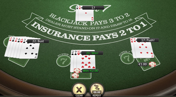 Super 7 Blackjack - Win, Push, Bust